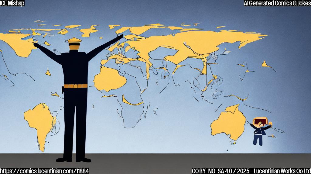Plain color cartoon style image of a very confused immigration officer scratching their head in front of a world map, with a tiny airplane flying to a random island.