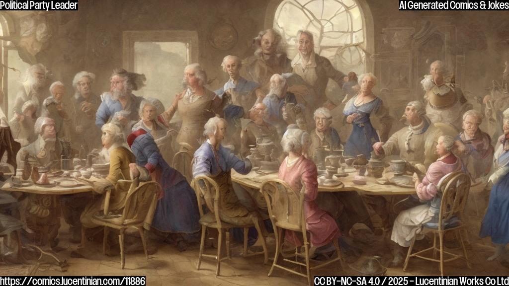 A cartoon-style image of a group of diverse characters, some older and some younger, standing around a table. One character, a woman in her mid-50s with a determined expression, stands at the head of the table. The scene is bright and colorful, with a plain blue background.