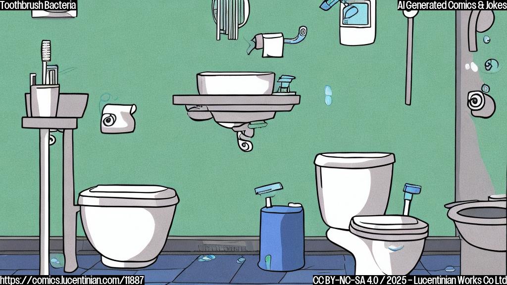A plain color cartoon style picture of a sad-looking toothbrush with blue bristles standing next to a toilet. Small green bacteria are floating around the toothbrush.