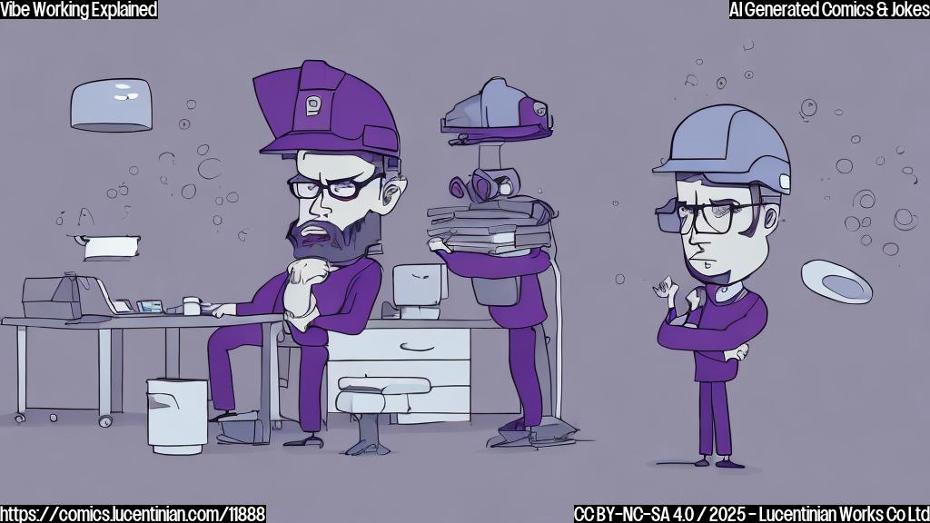 A cartoon image of a sad-looking worker in a dull gray office, surrounded by pulsating waves of negative energy in a dark purple color. The worker is wearing a hard hat and safety glasses, but looks dejected. The overall style is plain and simple, with a focus on conveying a sense of bad vibes.