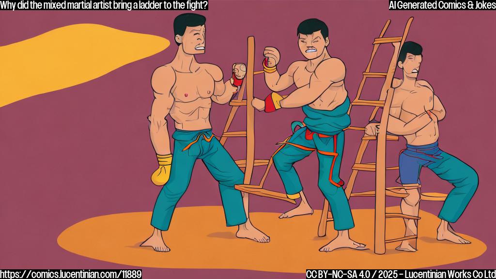 Cartoon illustration of a generic mixed martial artist in fighting stance, holding a comically oversized ladder. The opponent is vaguely visible in the background, appearing much smaller and further away. The style is simple, with bright, flat colors and thick outlines.