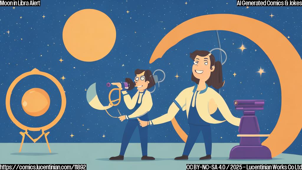 Cartoon image of a smiling astrologer with a telescope, looking anxiously at his watch, standing in front of a store with a "Closed" sign. A crescent moon with a scale symbol (Libra) hangs in the sky. The color palette is pastel and cheerful.