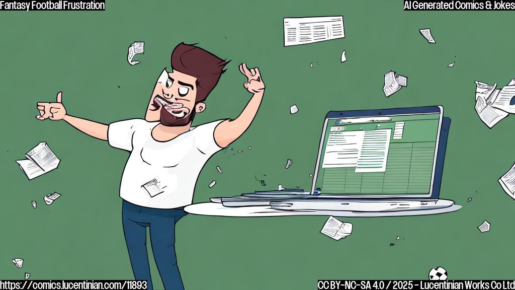 A frustrated cartoon man with a laptop throwing his hands up in the air, surrounded by football helmets and fantasy football spreadsheets. Background is a plain green color.