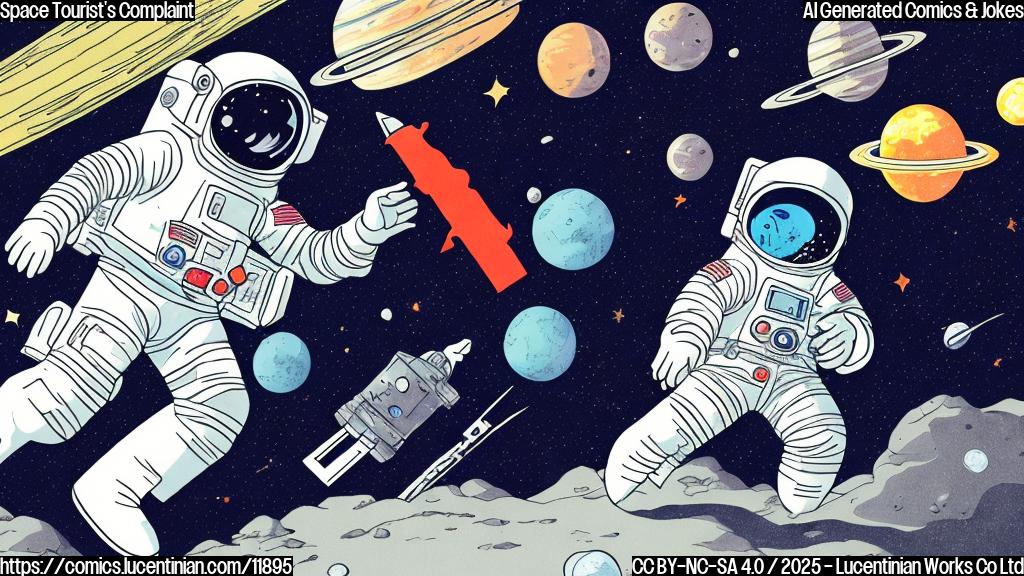 A cartoon drawing of a disgruntled looking man in a spacesuit, floating in space surrounded by many small satellite-like objects. The background is a plain blue color. The style should be simple and clean.