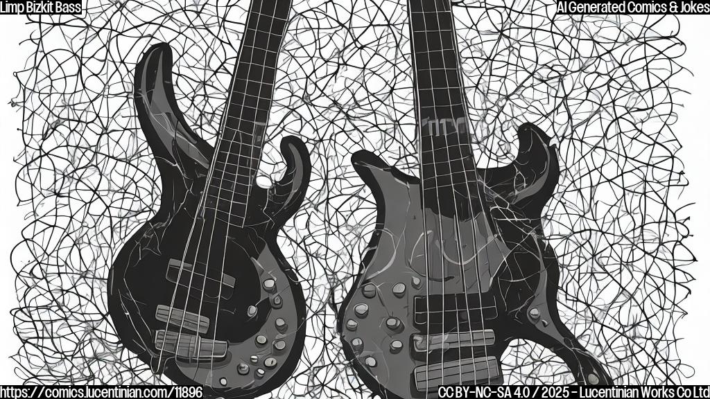 Cartoon image of a sad looking bass guitar with a cracked neck leaning against a wall in a music studio, with musical notes floating around it. The style should be plain, using only a few flat colors.