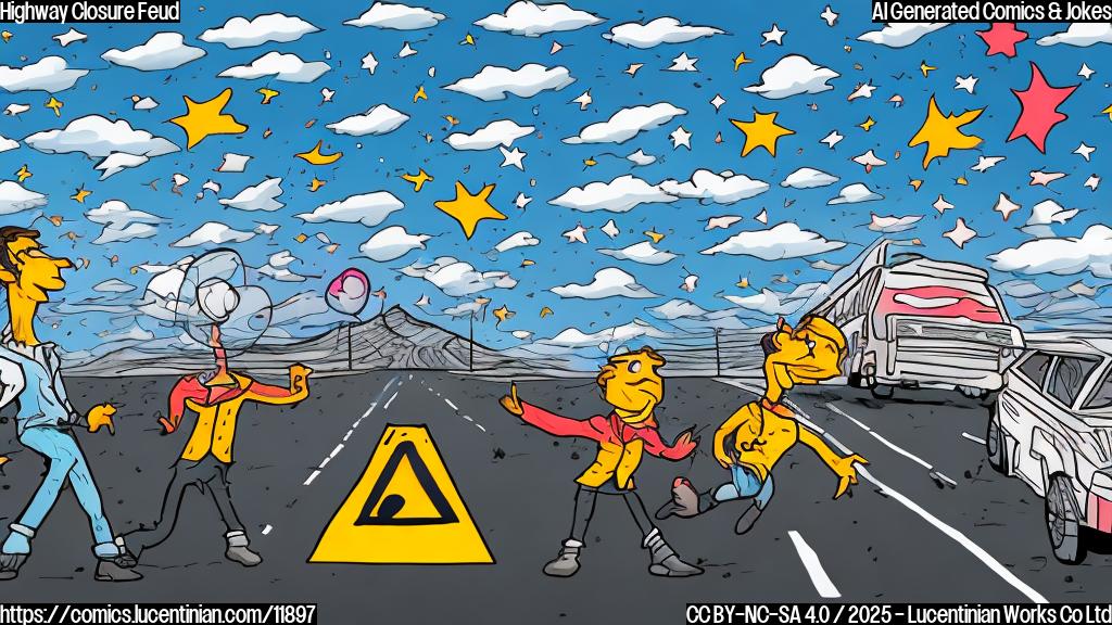 Cartoon image of a divided highway, one side bright and sunny, the other dark and stormy. In the middle of the highway, two generic political figures stand back-to-back, pointing fingers in opposite directions. Above them, cartoon bullets and shouting bubbles fill the air. The image is in a simple, colorful style.