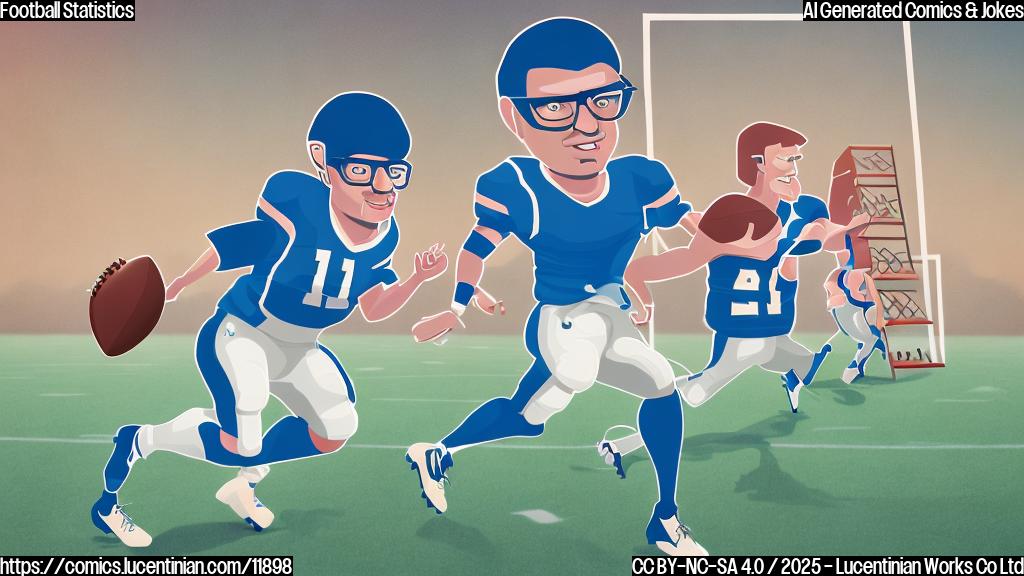 Cartoon illustration of a football statistician, wearing glasses and holding a clipboard, struggling to carry a very tall ladder onto a football field. In the background, a blurred football player is running with the ball. The style is simple, with bright, plain colors and thick outlines.