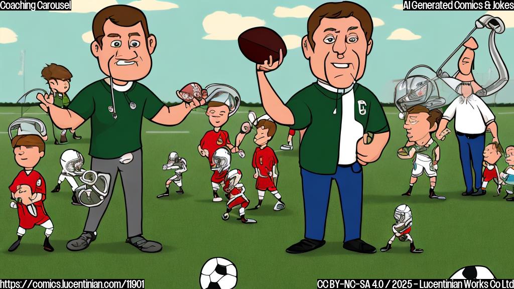 A plain color cartoon style image of a football coach with a whistle around his neck standing next to a small carousel with miniature football players riding it. The background is a simple green field.