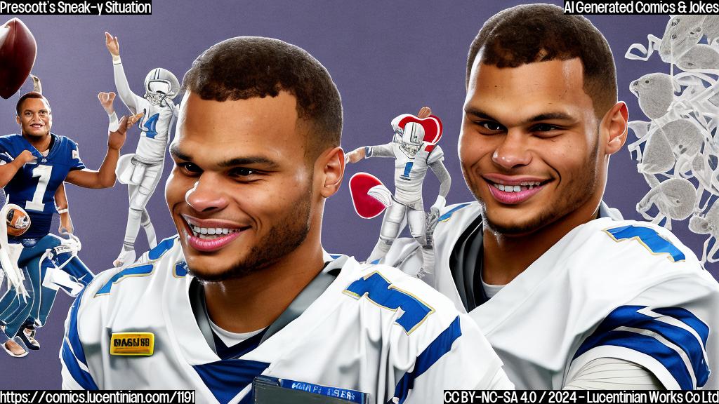 A cartoon style image of a cowboy quarterback (Dak Prescott) sitting on a ladder, with a medical professional in the background holding up an X-ray of a hamster, surrounded by footballs and bandages. The ladder is leaning against a white medical backdrop with a red " warning" stripe at the bottom.