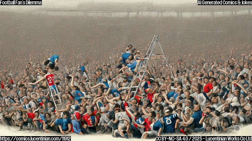 A cartoon drawing of a football stadium filled with fans. One fan is holding a comically large ladder, struggling to carry it through the crowd. The overall style is simple, with bright, plain colors.