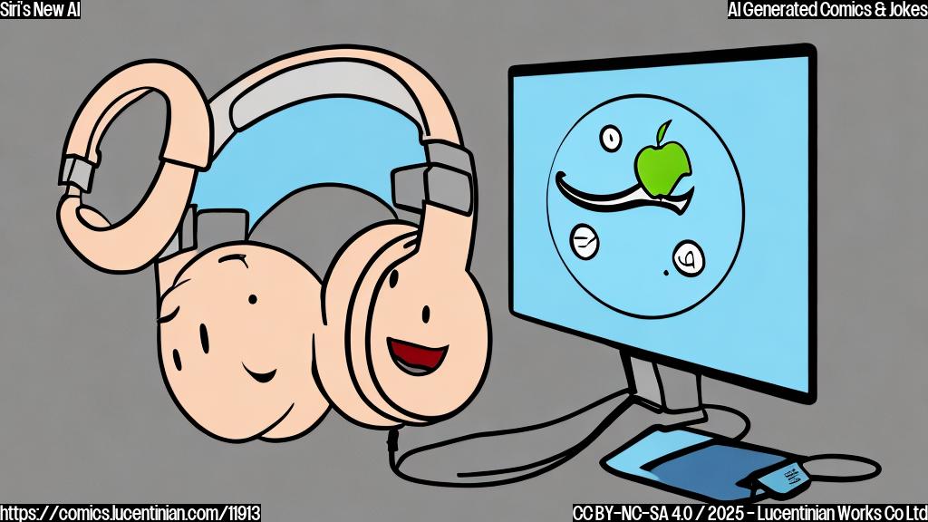 Plain color cartoon style picture of an Apple employee wearing noise-canceling headphones in front of a computer screen displaying a frustrated emoji.
