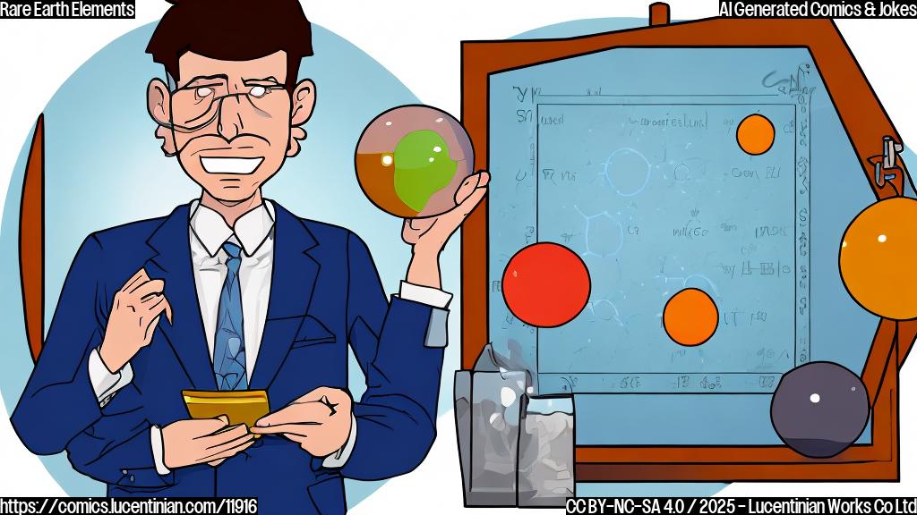 Cartoon image. A plain colored style picture of a bewildered-looking stock trader in a suit, holding a giant, simplified periodic table. The table highlights elements like holmium, europium, ytterbium, thulium, and erbium with exaggerated glowing effect. The background is a plain, light blue.