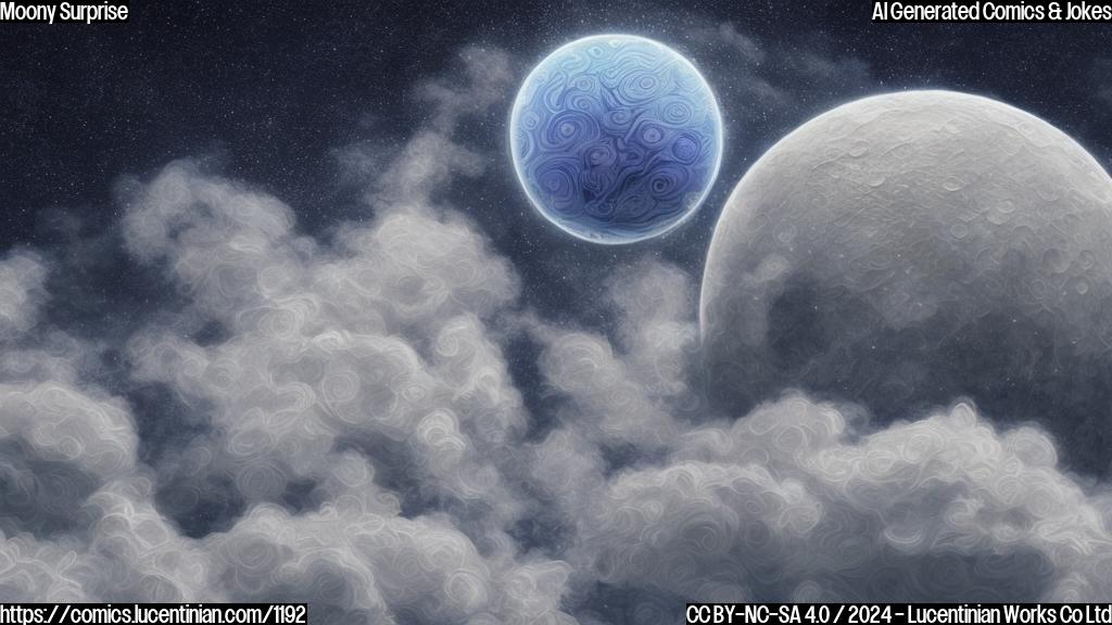 Draw a cartoon-style image of a serene, icy moon with a thermometer in its hand, surrounded by swirling storm clouds and stars in the background.