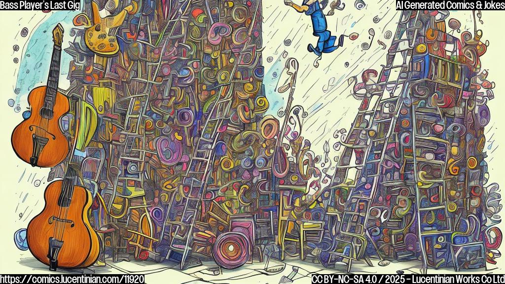 A cartoon-style illustration of a stage with musical instruments. A short, stocky character with a bass guitar is attempting to climb a comically oversized ladder to reach musical notes floating high above the stage. The illustration has a plain, bright color background.