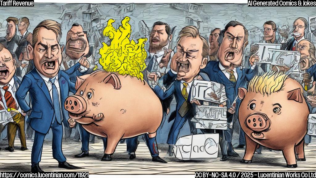 Cartoon style image of a very angry man with blond hair trying to smash a giant piggy bank labeled "Tariff Revenue" with a tiny hammer, while several people in suits (congressmen) watch him with skeptical expressions. The background is plain blue.