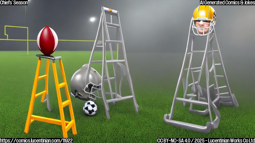 A cartoon ladder leaning against a football field's yard line marker, with a football wearing a helmet looking up at the ladder.