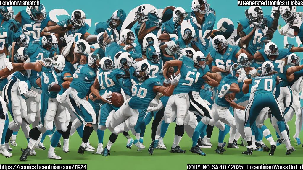 A cartoon style illustration of a green American football team (the Jaguars) trying to look over a tall wall. On the other side of the wall, there is the blue American football team (the Rams) playing carefree. The background should be a plain color.