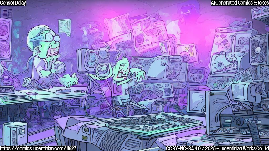 A cartoon image in a plain color style showing a stressed-out TV censor with sweat dripping down their face, frantically pressing the "bleep" button on a large console. The console has many flashing lights and a chaotic arrangement of buttons. In the background, a microphone stands on a stage. The color is purple.