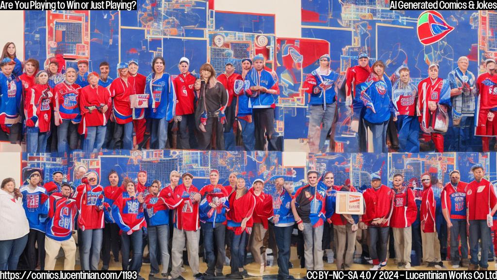 a group of people standing in front of a large grid with red and blue squares on it, each person wearing a matching colored jersey and holding a small box with a scoreboard-like device on it