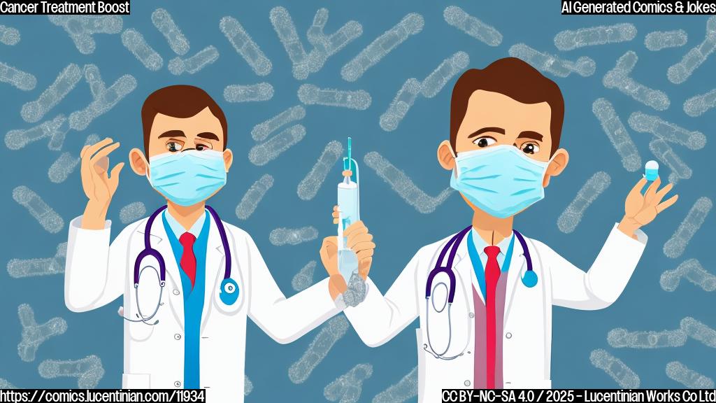 A cartoon drawing of a doctor with a white coat holding a large syringe labeled "mRNA vaccine" and smiling at a group of cancer cells looking surprised. The background is a simple, plain light blue.