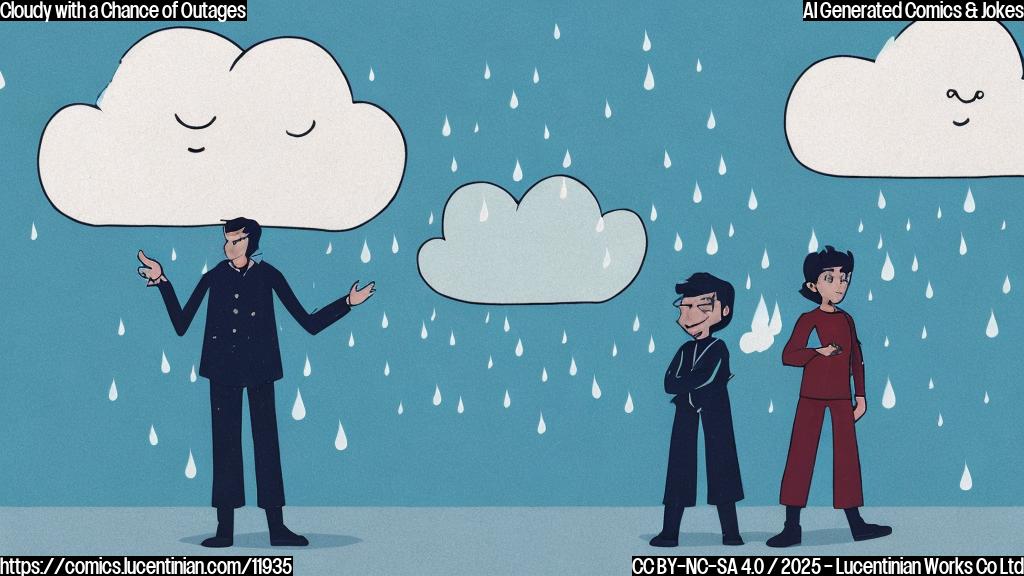 A cartoon of a sad looking website character standing next to a frowning cloud character. The cloud has rain pouring down on the website. Both are on a plain blue background. Cartoon style, simple colors.