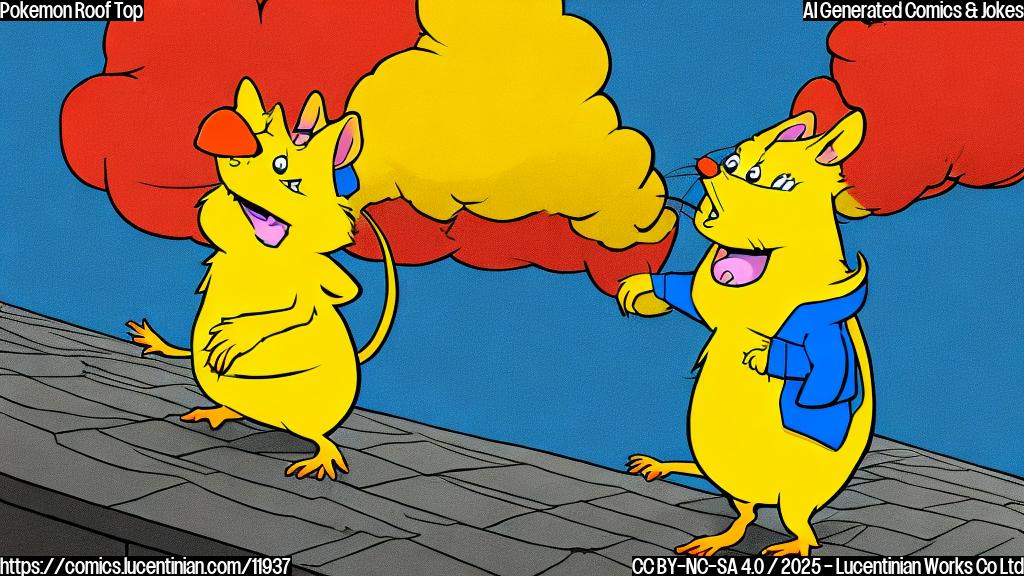 A simple cartoon drawing of a yellow rodent-like character with red cheeks standing on a rooftop, looking upwards with a hopeful expression. The style is plain and colorful, reminiscent of early 2000s cartoons. The background is a clear blue sky with simple white clouds.