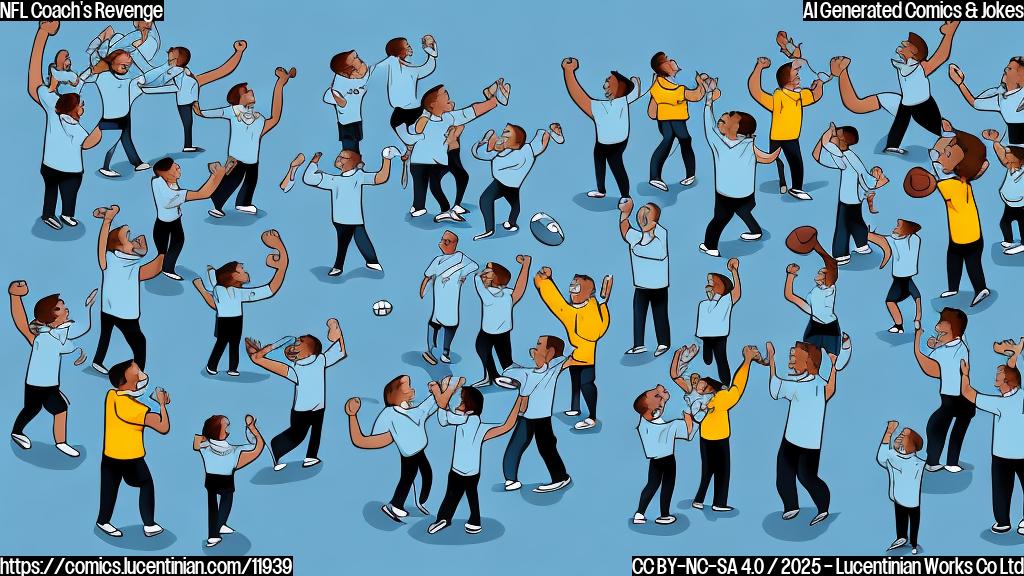 cartoon style, solid light blue background, A frustrated football coach wearing a dark blue jacket and khaki pants, standing near a football field, shaking his fist at a group of tiny football players celebrating on a podium.
