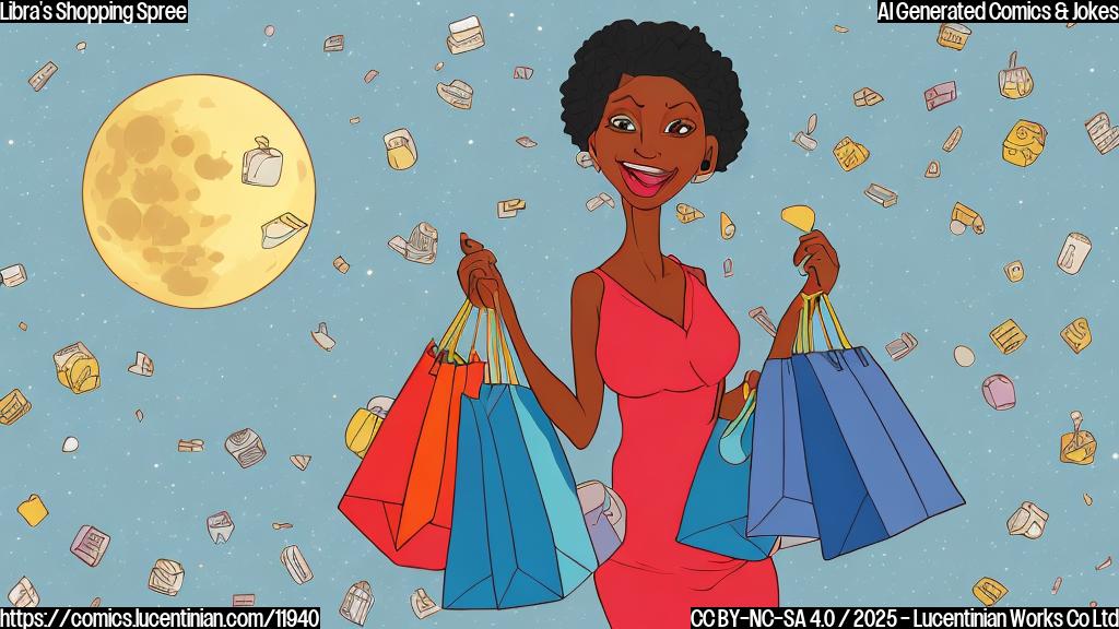 A cartoon style image of a scale, representing Libra, gleefully holding multiple shopping bags overflowing with items. The moon is visible in the background with a mischievous expression. The overall color scheme is plain light blue.