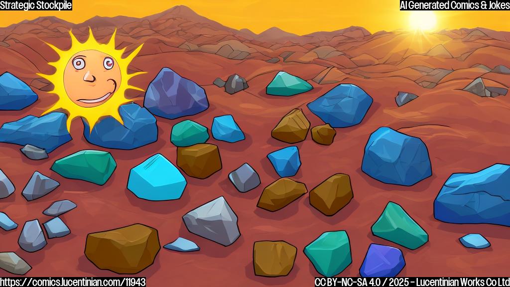 Cartoon image of a pile of colorful rocks and minerals labeled "Strategic Reserve" in a desert landscape, with a smiling sun in the sky. Plain background.