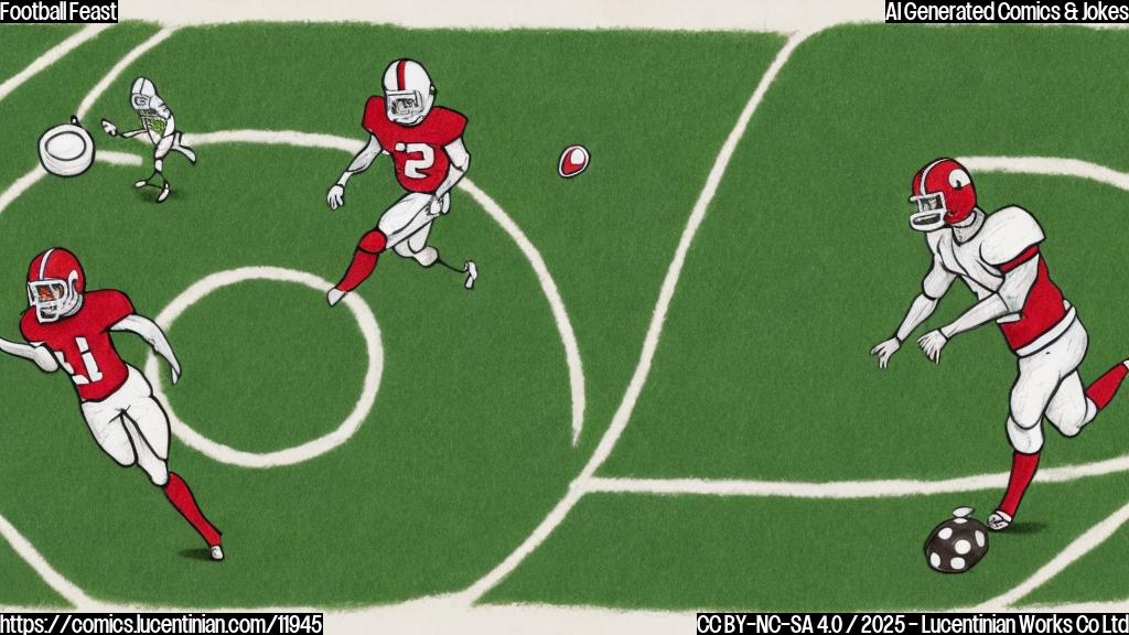 A cartoon drawing of a green football field with a giant plate and silverware set in the middle. A football player in red jersey carrying a football is running towards the plate, with yard lines appearing as lines on a tablecloth.