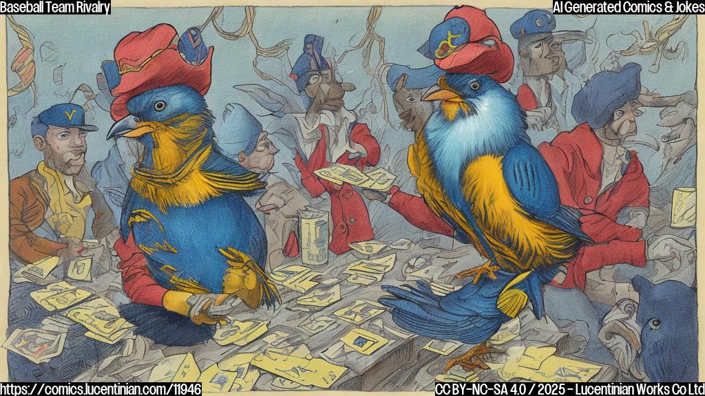 A cartoon of a blue feathered bird wearing a baseball cap looking nervously at a group of sailors on a ship. The bird is holding a deck of cards. The style is plain and colorful.