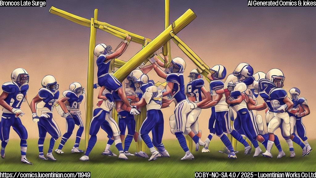 Plain color cartoon style image of a football team carrying a large ladder onto the field during a game. Exaggerated features, bright colors.