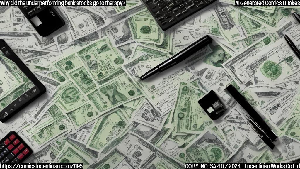 A cartoon style image of a group of sad, grey-colored stock certificates with a therapist in the middle, surrounded by calculators and financial charts, with a few bright green dollar bills floating above them.