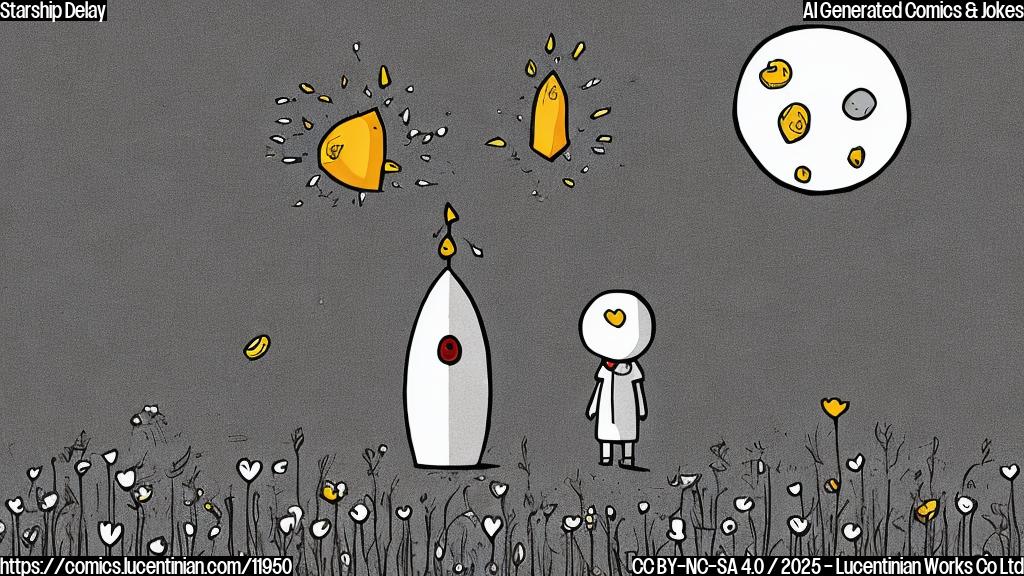 Plain color cartoon of a sad looking rocket standing alone in a field, with a broken heart floating above it.