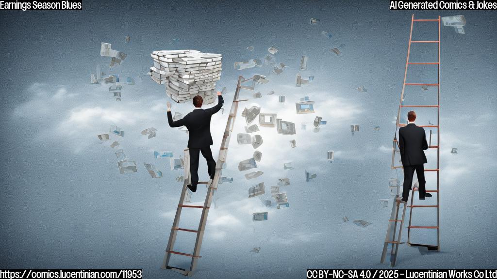 A cartoon-style image of a business person in a suit, struggling to carry a very large ladder towards a building labeled "Tech Earnings". The ladder is ridiculously oversized and almost comical. The sky is a plain light blue.