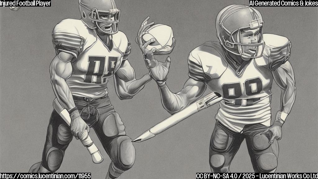 A cartoon drawing of a muscular football player wearing a helmet and holding a large pencil with a worried expression. The background is a simplified football field with a single spotlight shining down. The style is plain color, like a children's book illustration.
