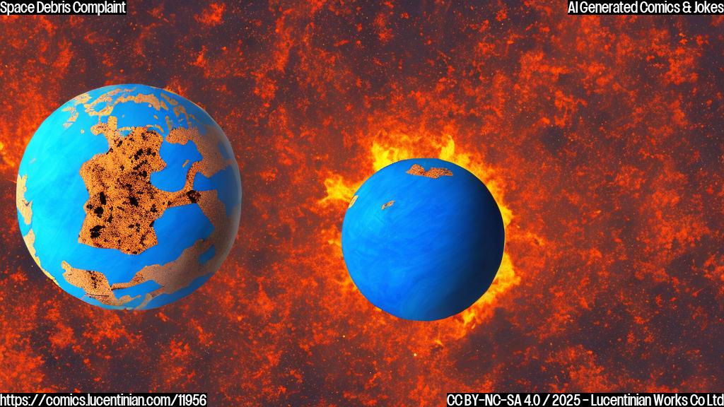 Cartoon style image of a large, charred piece of space debris lying in a red desert landscape. The debris has a sad face drawn on it. The sky is a plain blue.
