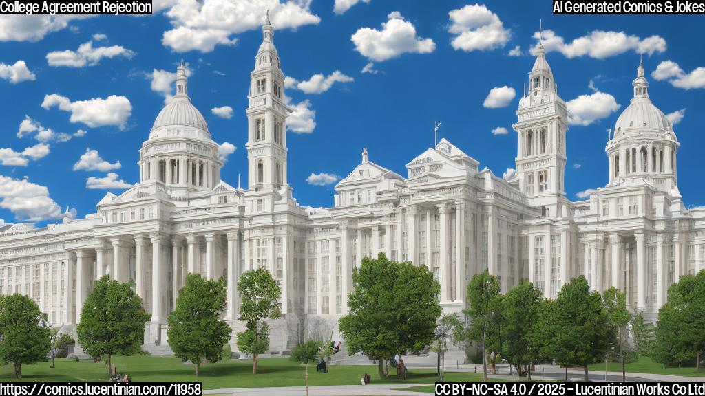A plain color cartoon style image depicting a group of generic university buildings with graduation caps on top, subtly turning away from a generic white building labeled "Govt". The university buildings have happy expressions, while the white building looks slightly frustrated. The background is a simple blue sky with fluffy white clouds.