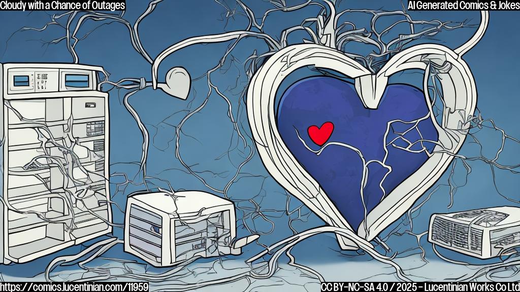 a plain color cartoon style picture of a sad looking website with a cracked heart, next to a server rack with tangled wires.