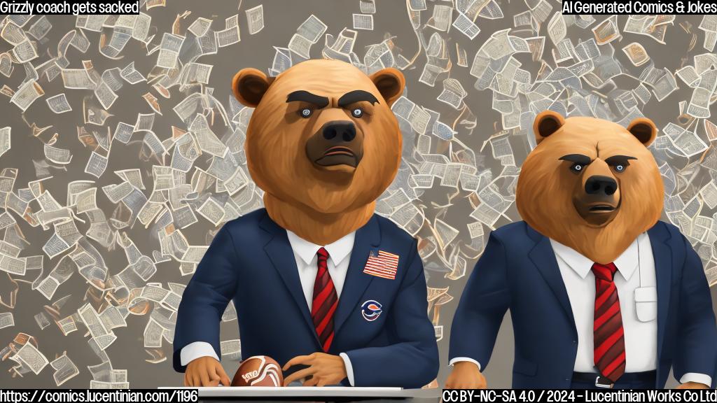 A grumpy coach sitting at a desk with a " Fired" sign on it, surrounded by footballs and papers, with a sad expression on his face. The coach is dressed in a suit with a Bears logo, and has a briefcase next to him.
