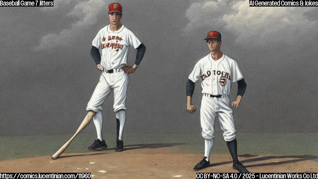 A plain color cartoon style picture depicting a baseball player with a worried expression standing at home plate. The background should be a baseball field with blurred spectators in the stands. The sky is overcast, suggesting the high stakes and pressure of the game.