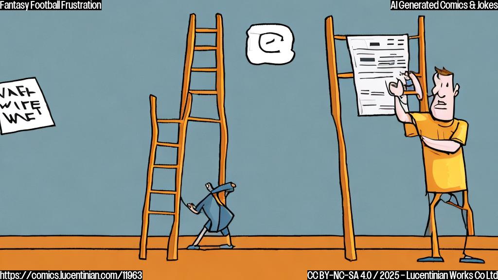 A cartoon drawing of a frustrated person in front of a computer screen, looking at a fantasy football waiver wire list. The person is holding a ladder that is too big for the room. Plain color background.