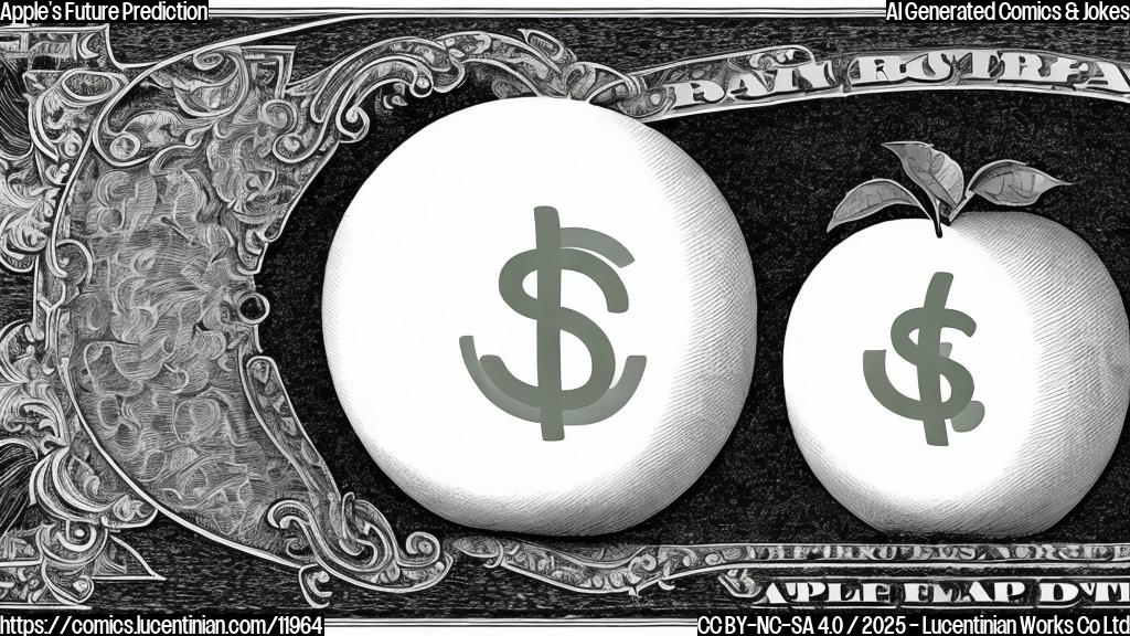 A plain color cartoon style image depicting a glowing crystal ball showing the Apple logo and a dollar sign combination.