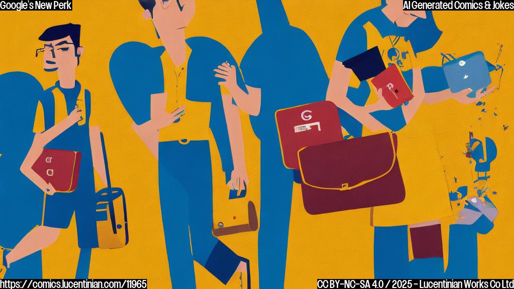 a cartoon style picture, plain yellow background, showing a sad google employee, a man with short brown hair, wearing a blue shirt and holding a tiny red suitcase.