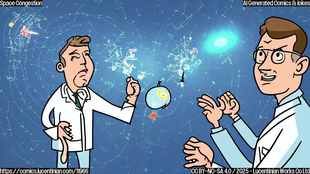 Cartoon image of a very stressed space traffic controller, sweating profusely, looking at a radar screen filled with tiny satellite icons. The background is a simple, plain light blue color.