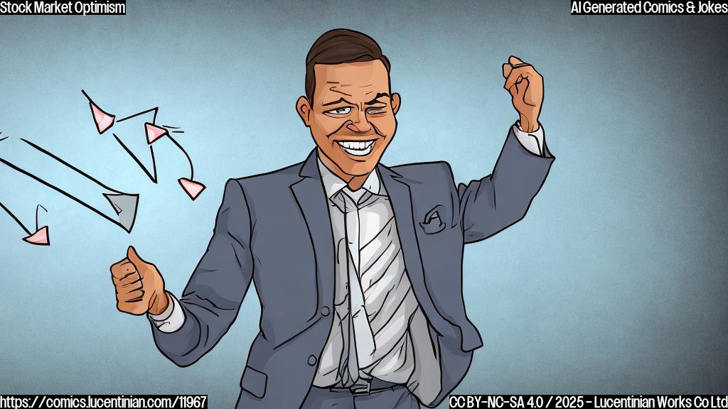 A cartoon-style picture. A smiling man in a suit, looking enthusiastically at a graph with an upward-pointing arrow. The background is a plain light blue color.