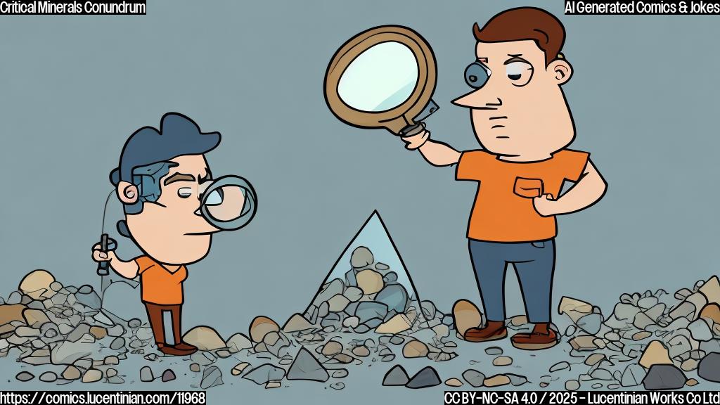 A cartoon-style drawing of a disappointed geologist with a magnifying glass, looking away from a shiny pile of colorful rocks labeled "Critical Minerals". The background is a plain light blue color.