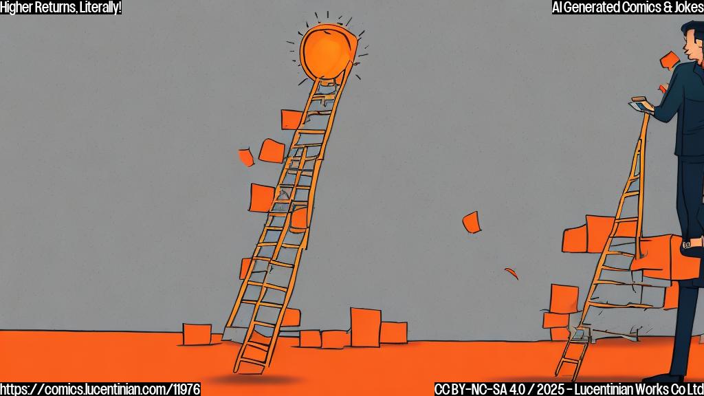 Draw a plain color cartoon style picture of an investor standing in front of a whiteboard, holding a smartphone with a bright orange glow and surrounded by rising stock charts, with a ladder leaning against the board.