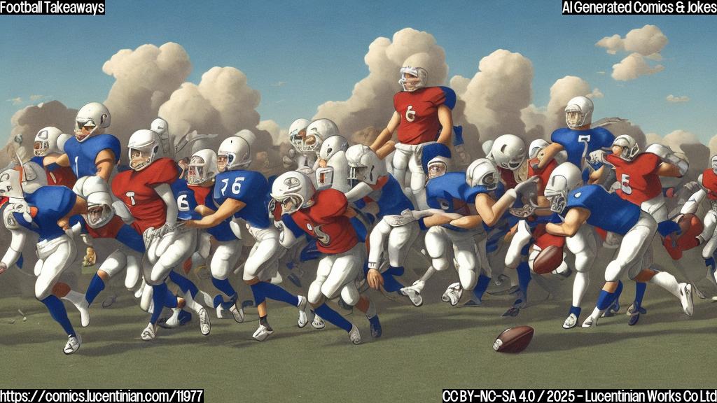 A plain color cartoon style picture of a football team walking onto a field, one player dragging a large, overstuffed suitcase. The sky is bright blue.