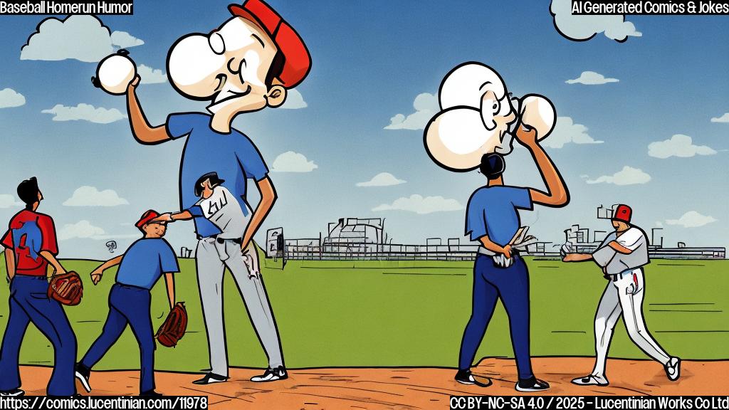 Plain color cartoon style picture of a baseball player carrying a large ladder towards a baseball field, with a confused looking coach scratching his head in the background. The sky is bright blue and sunny.